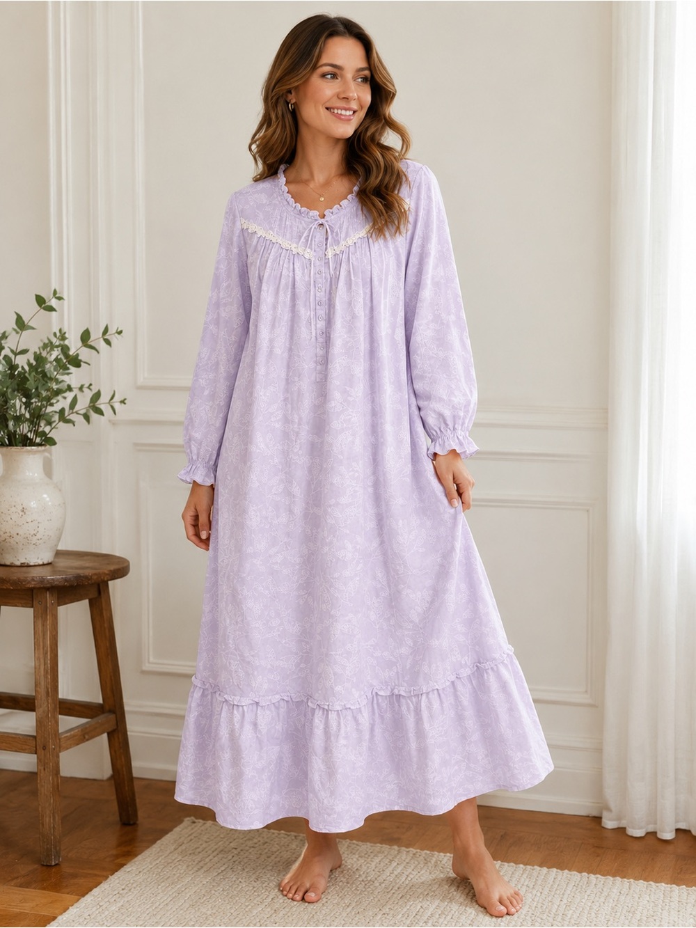 Eileen West Lilac Floral Embroidered Prairie Nightgown XL